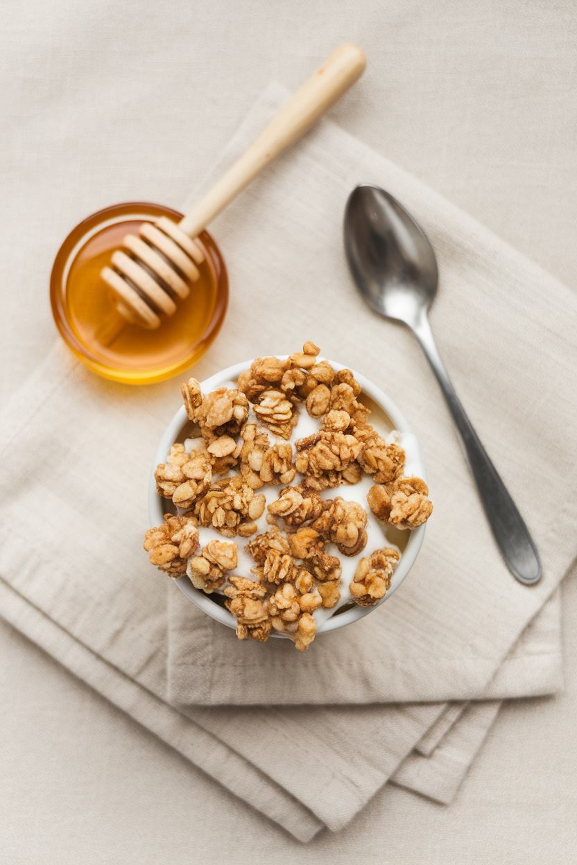 Indoor overhead shot of small yogurt-covered granola clusters in a snack cup, with a side of honey and a spoon resting on a linen cloth. No visible branding.