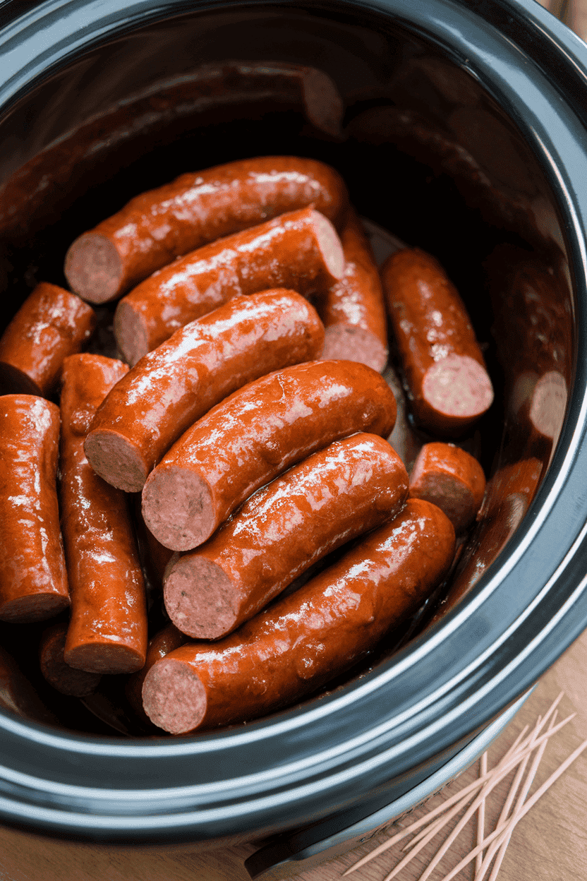 An indoor slow cooker filled with sliced kielbasa coated in a glossy brown-sugar glaze, toothpicks nearby; no text or logos. Photo, not illustration.