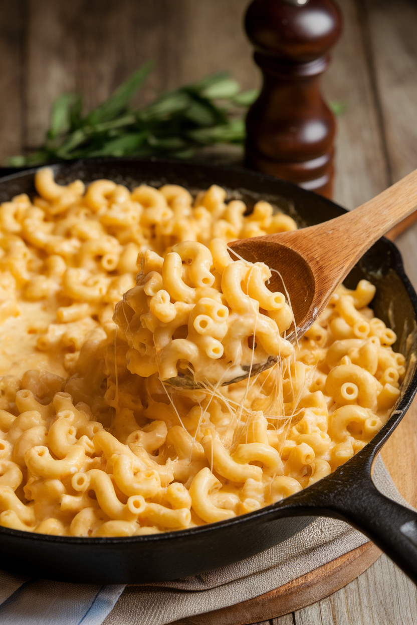 Indoor photo of a cast-iron skillet brimming with creamy mac and cheese, cheese strands stretching from a spoon. No text or logos visible.