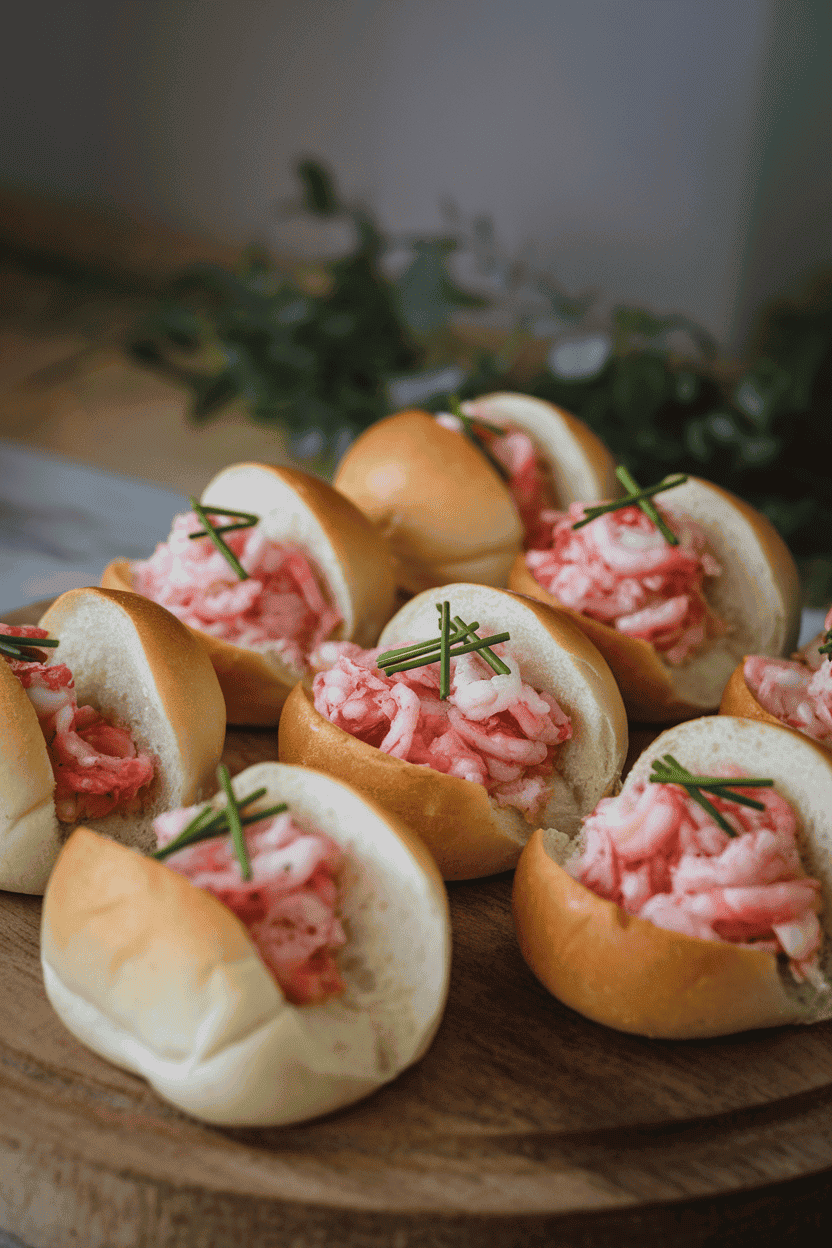 Indoor photo of several mini split-top buns filled with butter-poached lobster meat and a sprinkle of chives, arranged on a wooden board. Soft diffused lighting, no text or logos visible.