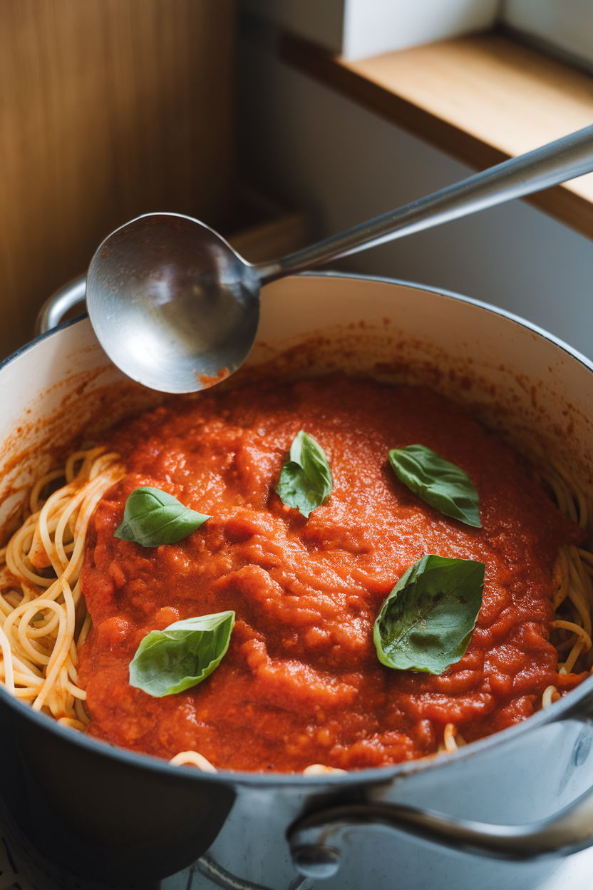 Indoor photo of a pot of spaghetti coated in glossy tomato sauce, speckled with fresh basil leaves. Ladle resting on the pot rim; no text or logos in scene.