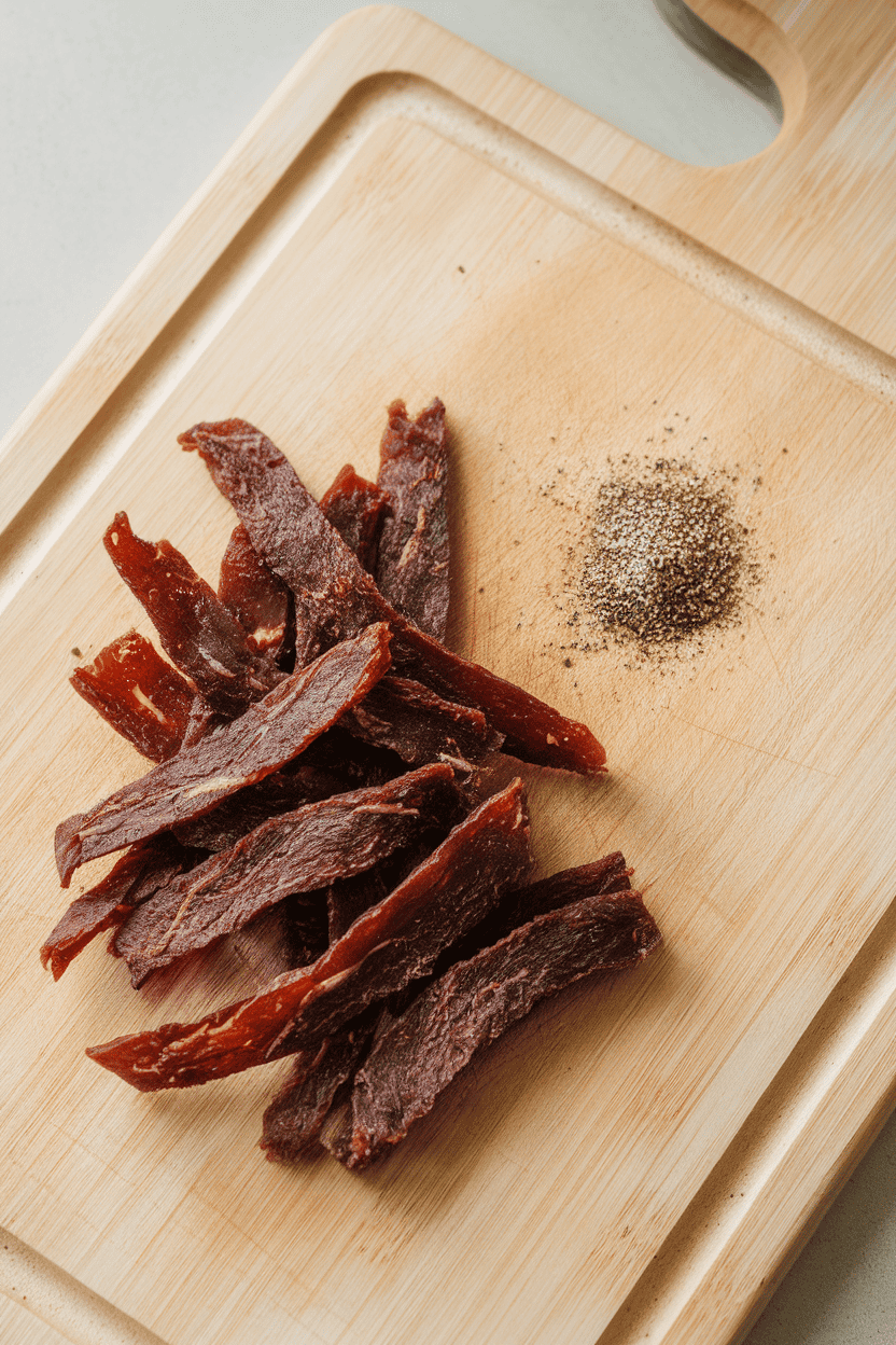 An indoor cutting board with strips of cooked, dried beef jerky neatly fanned out next to a small pile of black pepper, no text or logos, photograph.