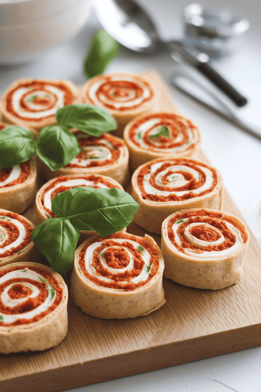 An indoor cutting board with bite-size tortilla pinwheels showing swirls of red sun-dried tomato pesto and cream cheese. Diffused daylight; no text or logos; photo, not illustration.