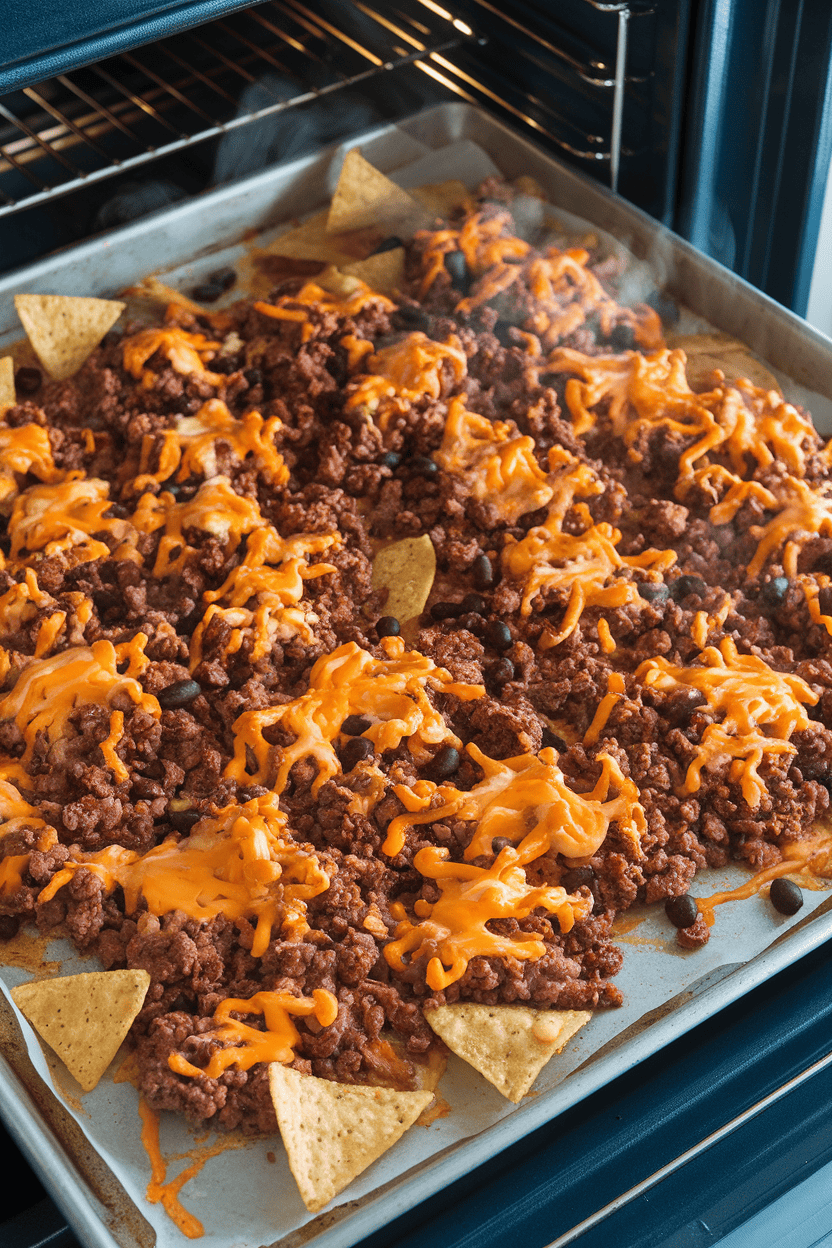 A baking sheet fresh from an indoor oven covered in tortilla chips, seasoned ground beef, melted cheddar, and scattered black beans, steam rising slightly. No text or logos.
