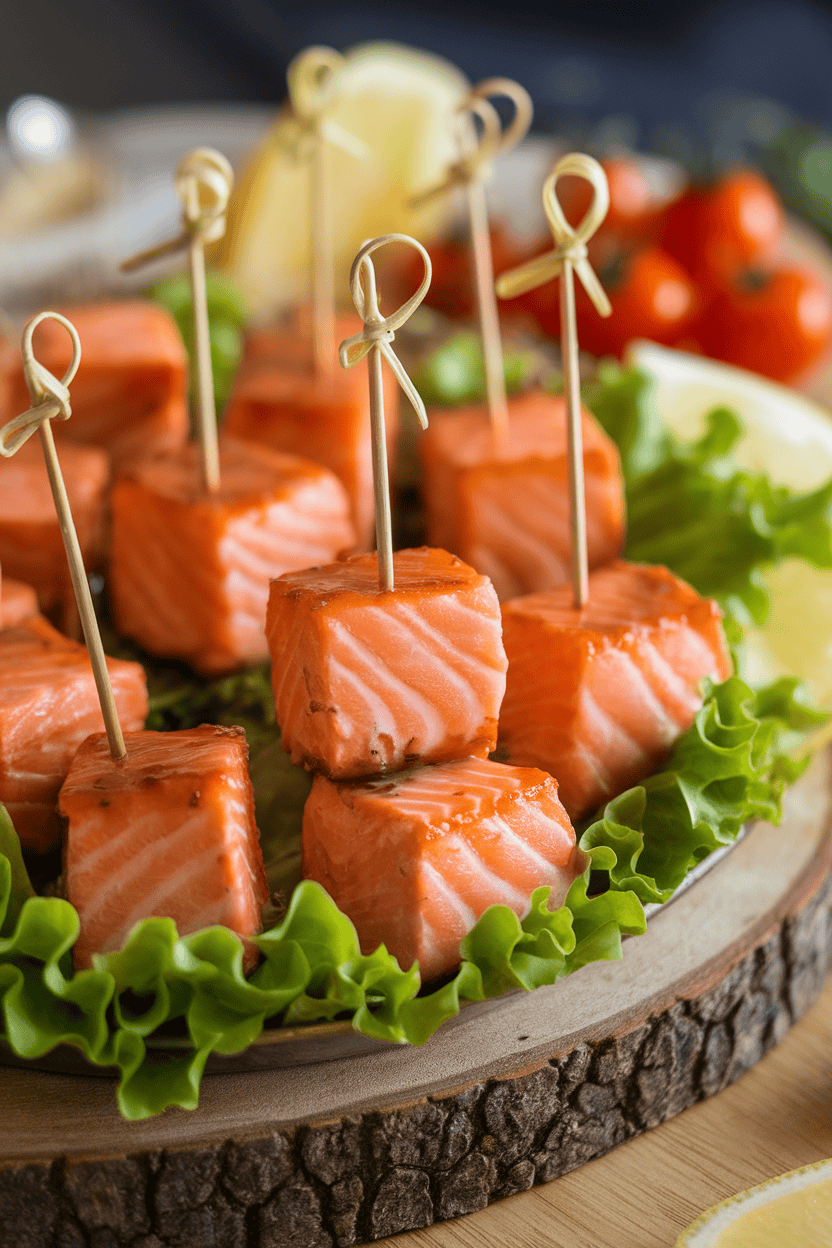 An indoor appetizer platter showing bite-size cooked salmon cubes glazed with honey-garlic sauce and skewered with toothpicks. No logos or text.