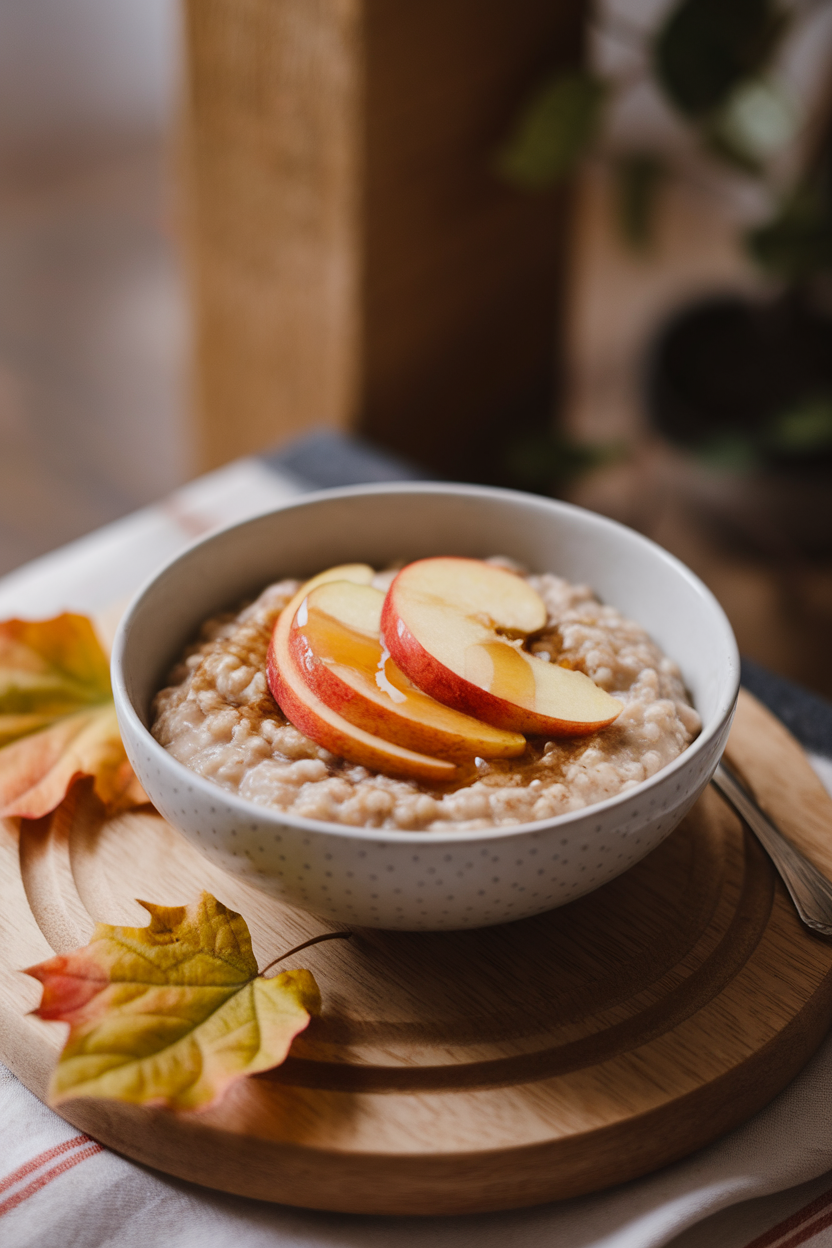 Indoor photo of a cozy bowl of brown rice porridge topped with cinnamon-sautéed apple slices and a drizzle of honey. Soft morning light; no logos or text.
