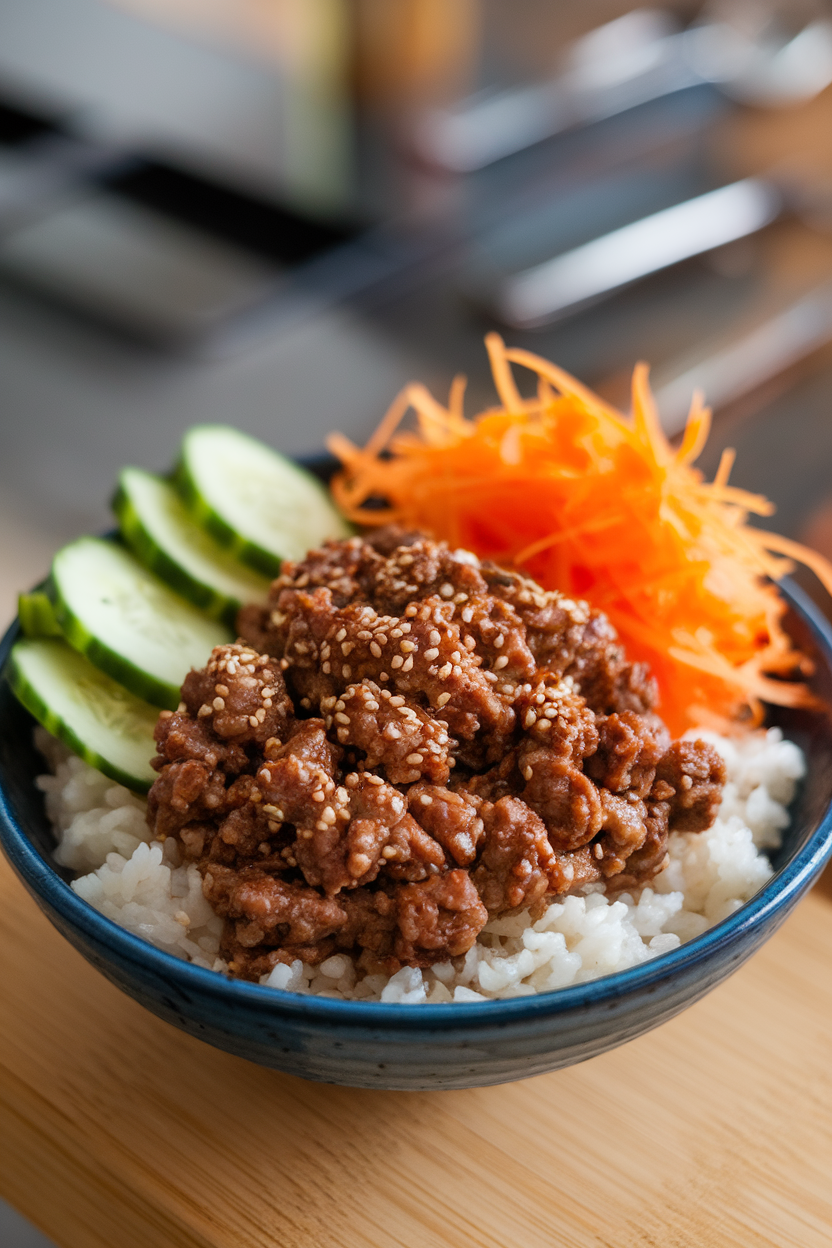 Indoor bowl filled with rice, sesame-glazed ground beef, shredded carrots, and sliced cucumbers, lightly sprinkled with sesame seeds. No text or logos. Photo, not illustration.