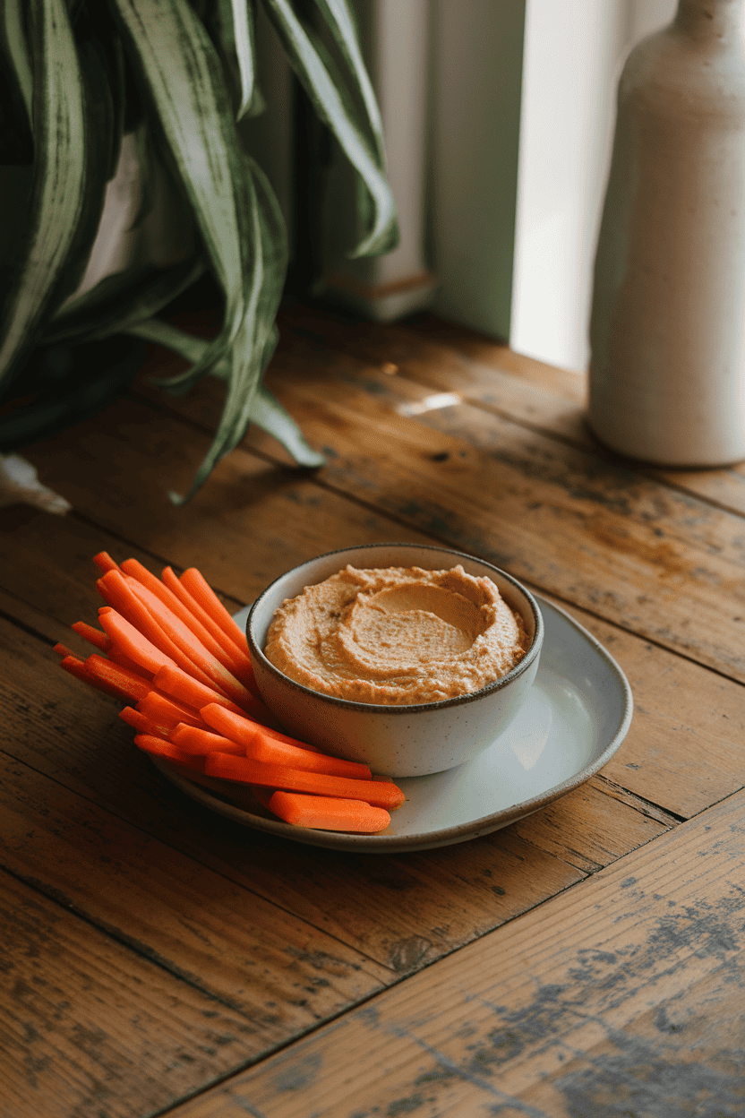 A wooden indoor table featuring a small bowl of creamy hummus surrounded by neatly stacked carrot sticks, soft afternoon light highlighting the textures. No logos or text. Photo only.