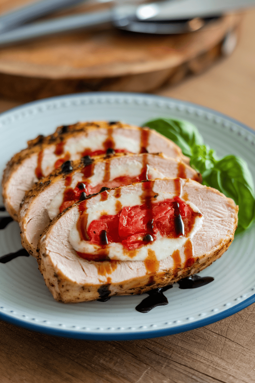 Indoor dining plate with a sliced cooked chicken breast revealing melted mozzarella, tomato, and basil filling, balsamic drizzle on top; no text or logos, photograph.