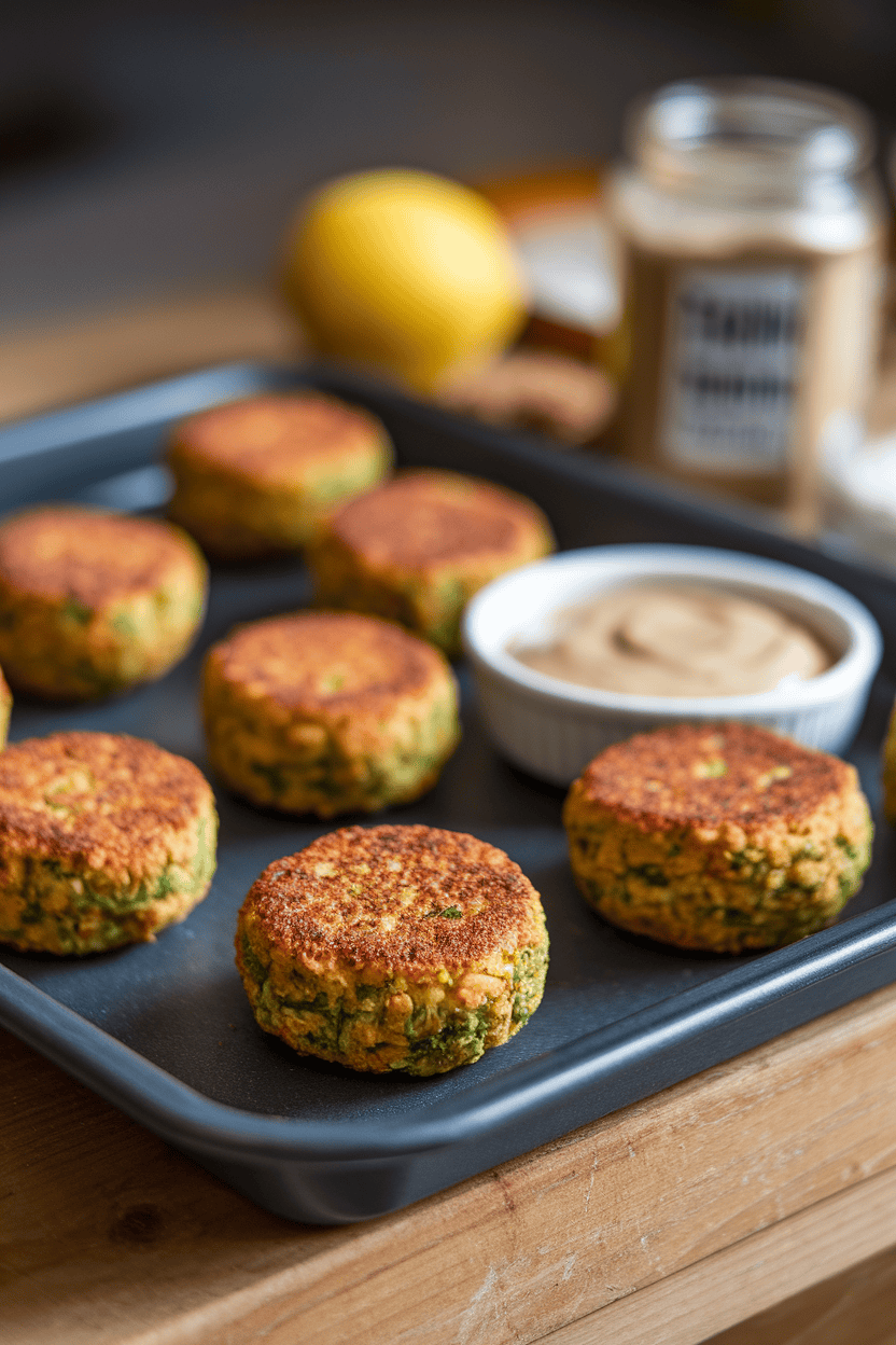Indoor nonstick tray holding round, golden-brown baked falafels with a small bowl of tahini sauce. No text or logos.