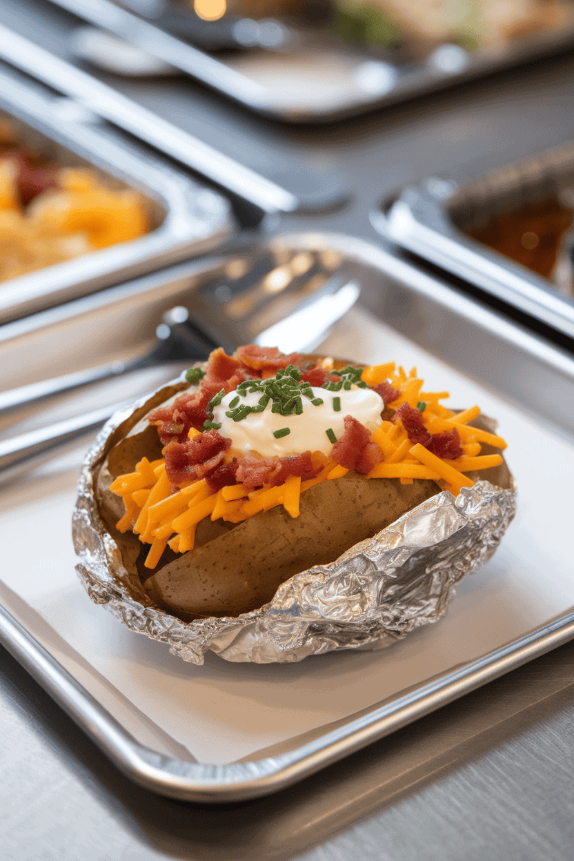 An indoor cafeteria tray featuring a foil-wrapped baked potato split open and piled with cheddar, bacon bits, sour cream, and chopped chives. Photo, not illustration. No text or logos.