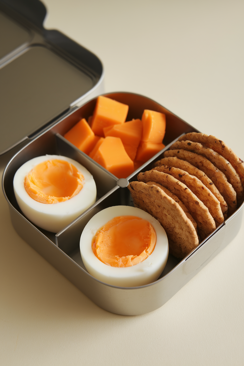 Photo taken indoors of a small bento box showing two peeled hard-boiled eggs, cheddar cheese cubes, and whole-grain crackers in separate wells. Soft side lighting; no visible text or branding.