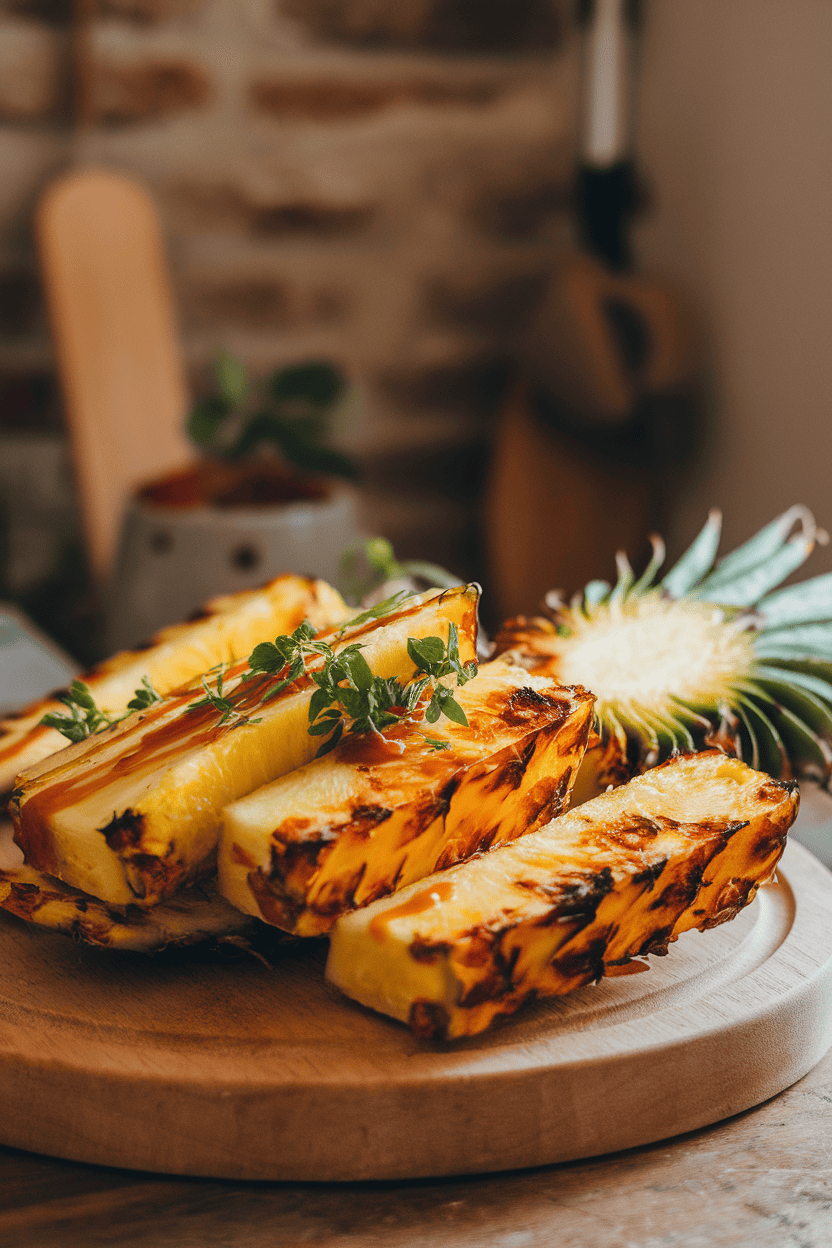 A warm indoor serving platter with charred pineapple spears drizzled with chili-lime glaze, steam lightly visible. No logos.