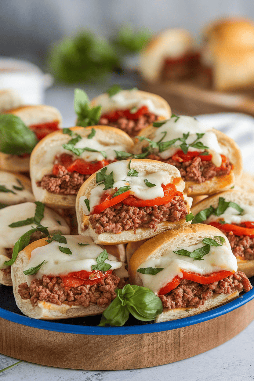 An indoor platter of mini rolls filled with ground beef, sautéed peppers, onions, and melted provolone; photo, no text or logos.