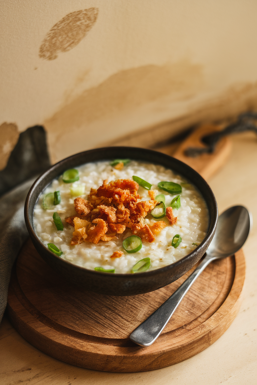 Indoor photo of a comforting bowl of Filipino arroz caldo—chicken rice porridge—topped with crispy garlic bits and sliced scallions. Warm, cozy lighting; no branding or text.