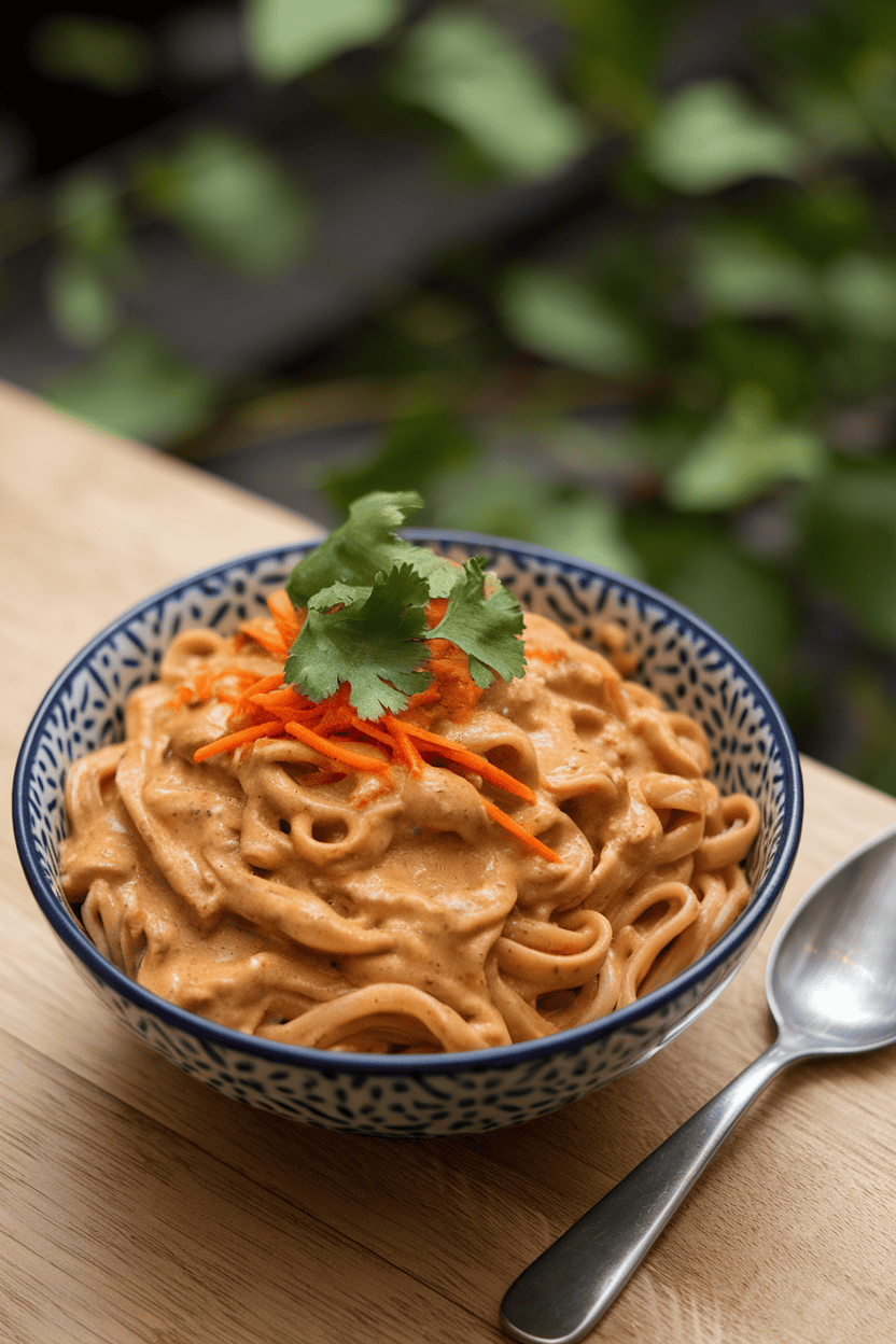 Photo of a bowl of noodles coated in creamy peanut sauce with shredded carrots and cilantro, shot indoors; no text or logos.