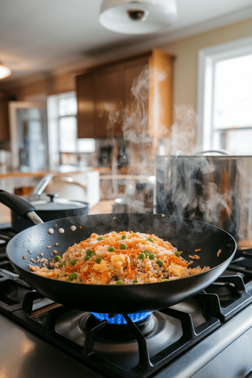 A wok on an indoor stovetop filled with colorful fried rice—peas, carrots, and scrambled eggs mingling with rice—steam rising. Photo only; no text or logos on cookware.