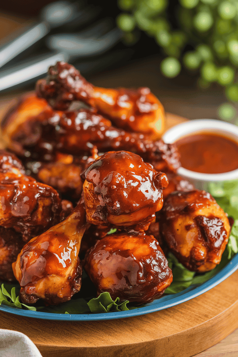 Indoor photo of a platter piled high with glazed barbecue chicken drumettes, sauce lightly caramelized, with a small ramekin of extra sauce on the side. Warm indoor lighting; no text or logos visible.