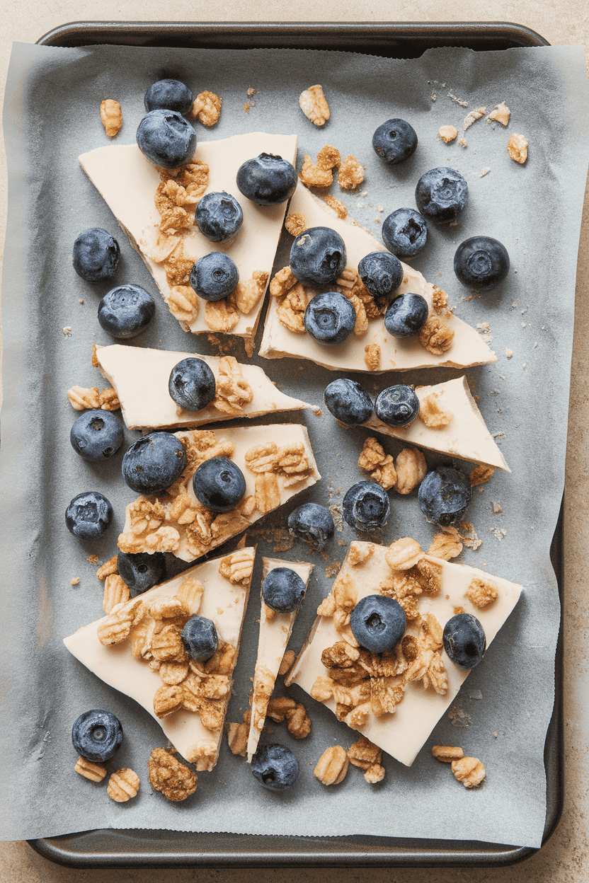 An indoor baking tray lined with parchment holding broken shards of frozen yogurt bark topped with blueberries and granola. No brand names or text visible.