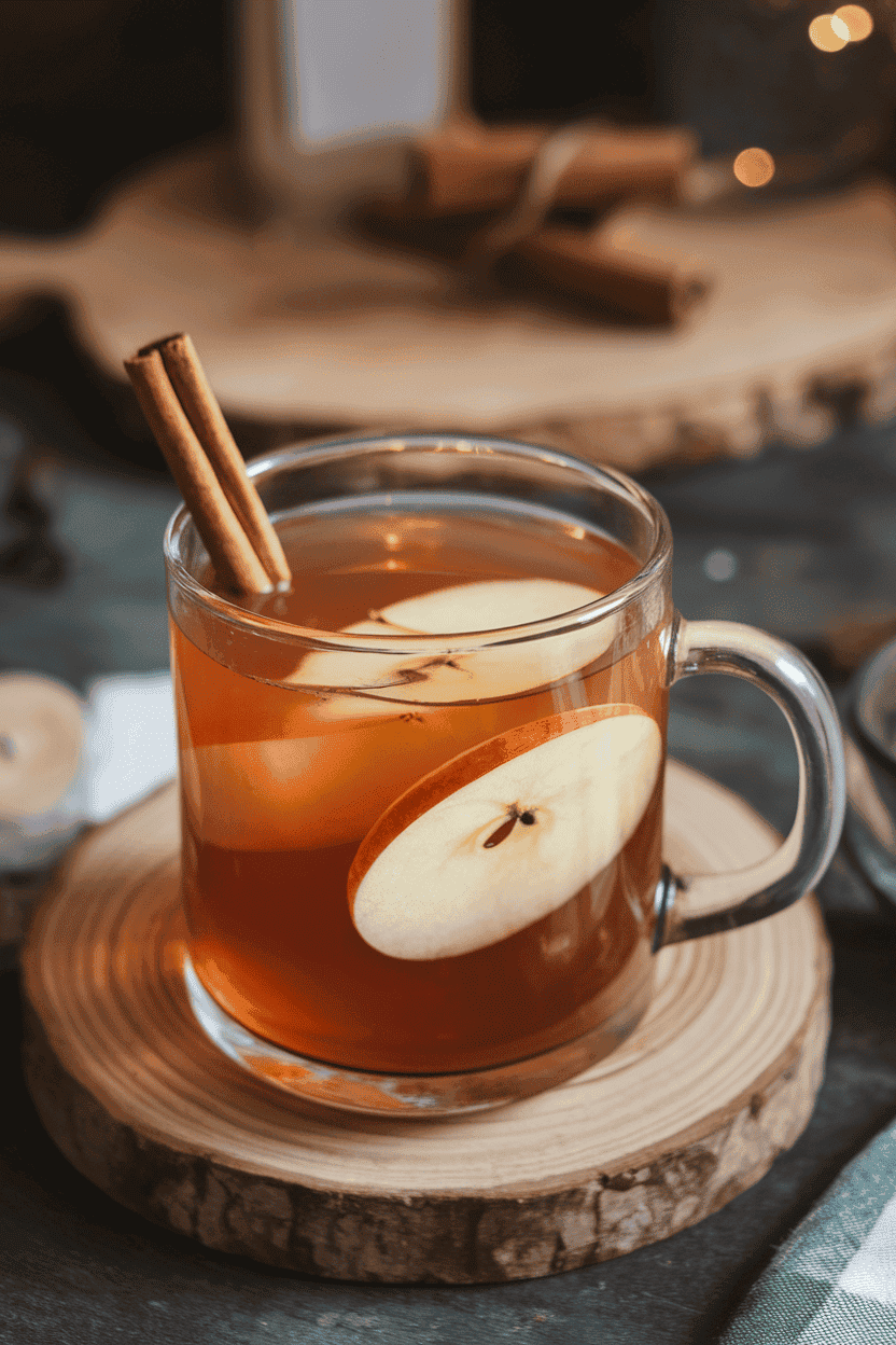 Photo, indoors, clear glass mug of amber apple punch, cinnamon stick and thin apple round floating, cozy lighting. No text or logos visible.