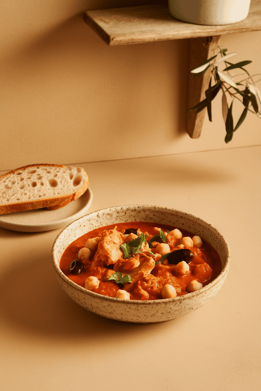 Photo of a bowl of tomato-based stew with chicken chunks, chickpeas, olives, and parsley; indoor table; no text or logos.