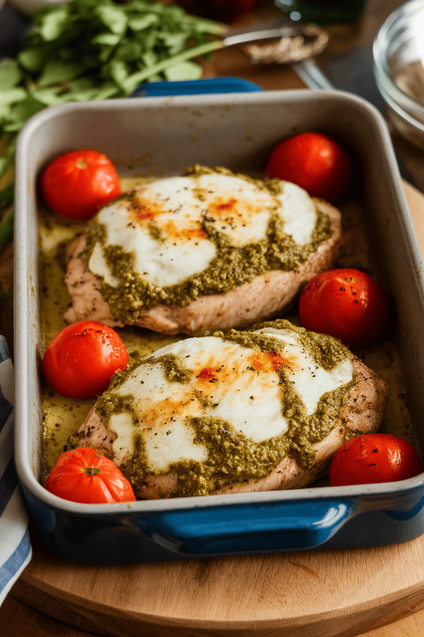 Photo of a baking dish with chicken breasts smothered in green pesto and melted mozzarella, tomatoes nestled around; indoor lighting; no text or logos.