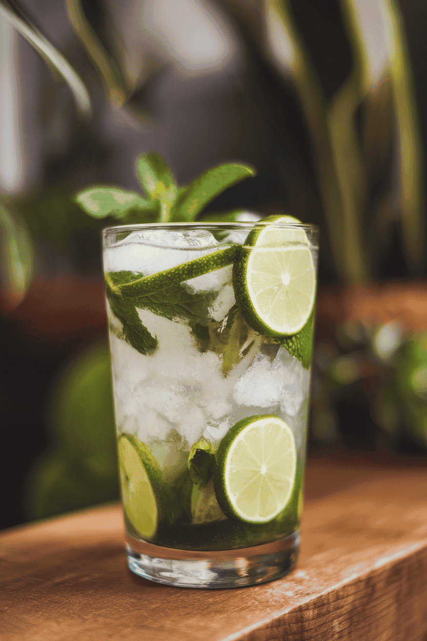 Photo, indoors, a highball glass packed with muddled mint, lime wheels, and crushed ice, pale green mojito liquid running through. No text or logos present.