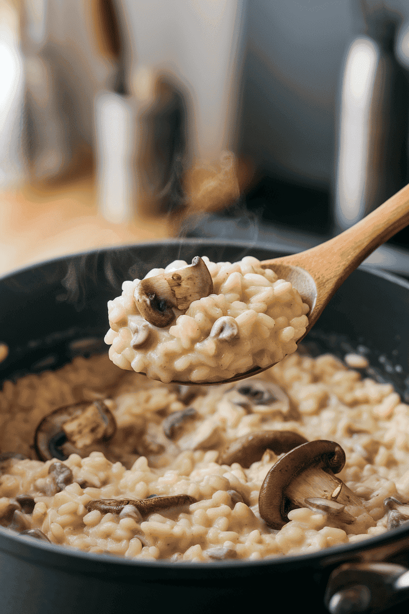 Photo of a spoonful of creamy mushroom risotto being lifted from a pot indoors, steam visible. No branding or text anywhere.