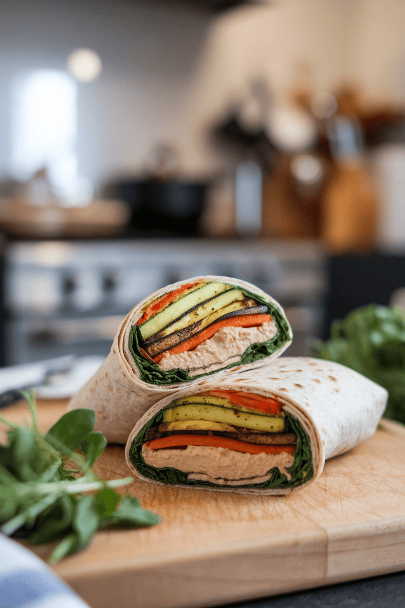 An indoor cutting board with a sliced wrap revealing layers of hummus, grilled zucchini, bell pepper, and spinach. No text or logos present.