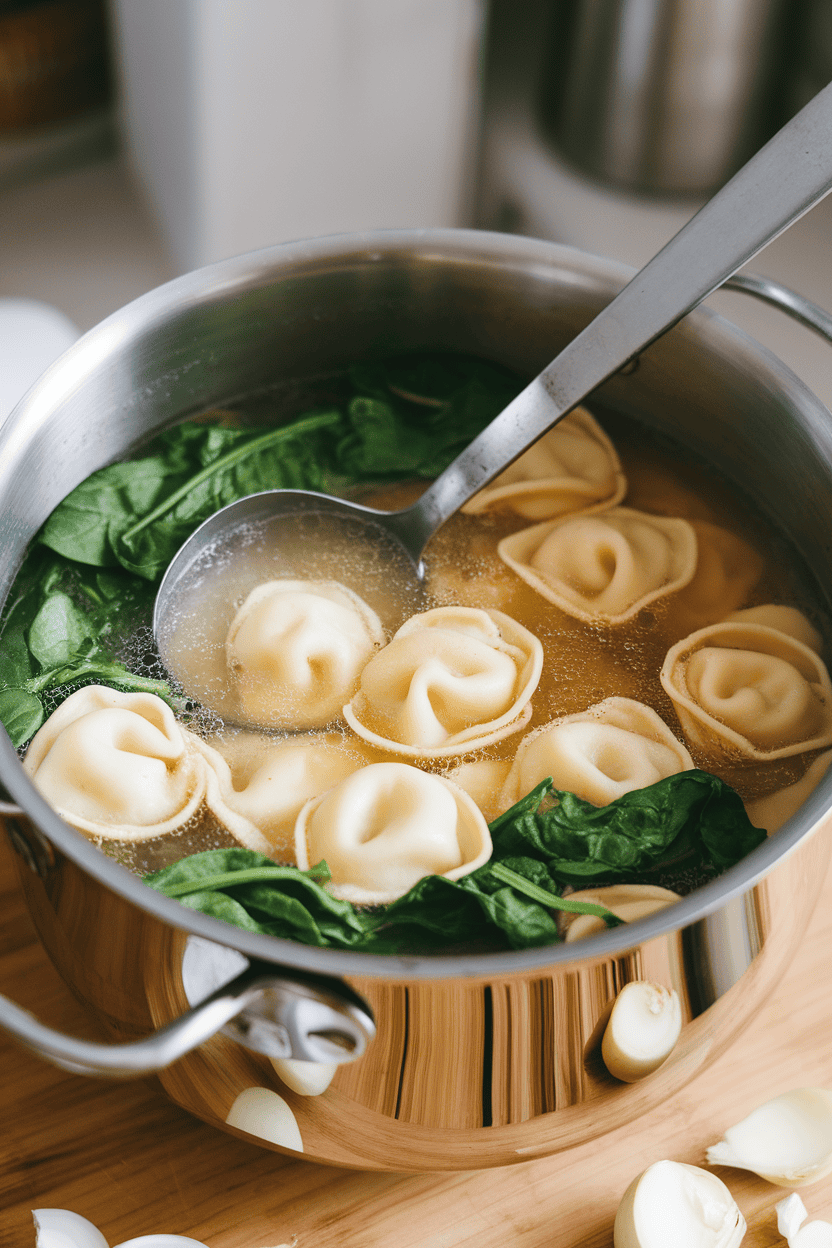 Indoor photo of a pot of clear broth soup with cheese tortellini and wilted spinach leaves, ladle resting inside. No text or logos.