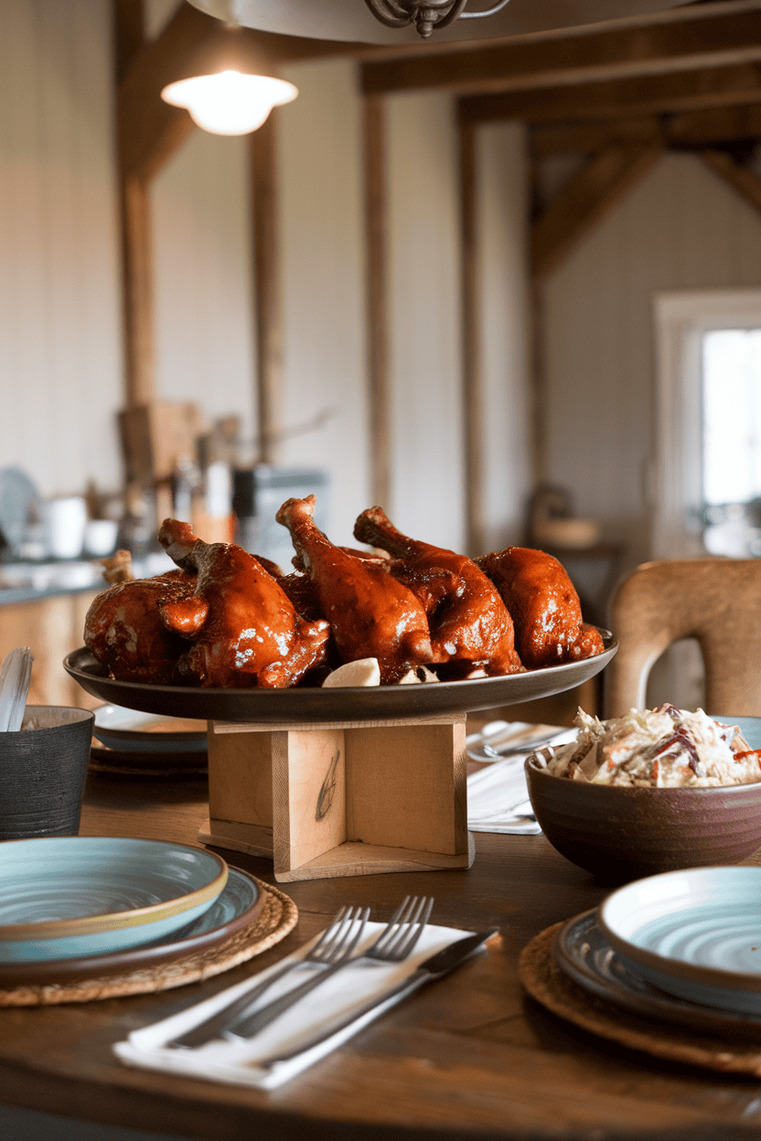 An indoor dining table holding a platter of cooked BBQ chicken leg quarters glazed in sauce, with a side bowl of coleslaw. No text or logos visible.