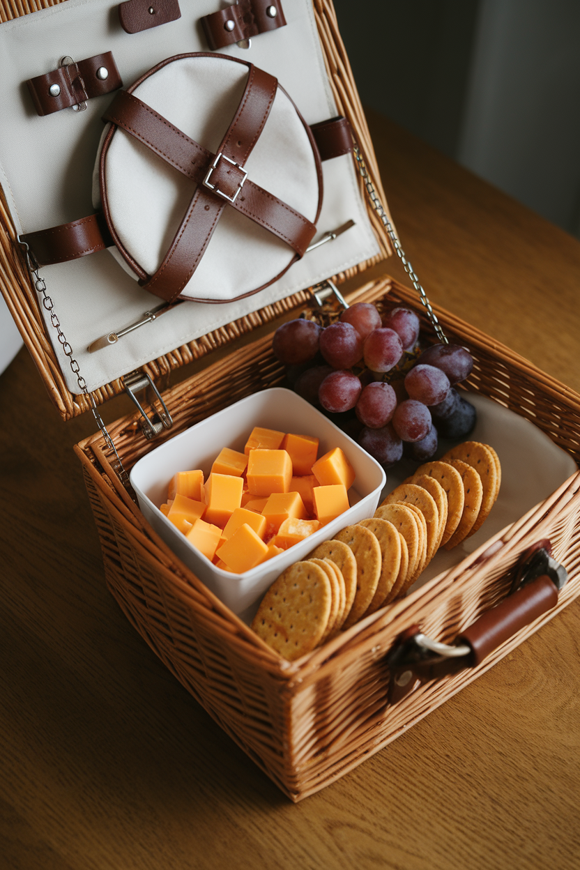 Indoor picnic basket being packed with a simple container holding cubed cheddar, sliced budget crackers, and a few grapes. No text or logos in sight.
