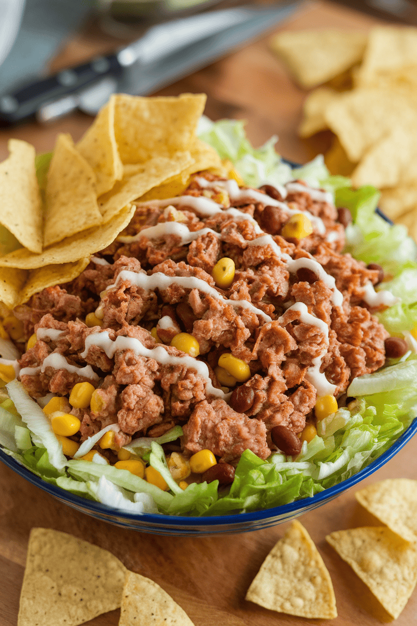 Indoor photo of a wide bowl filled with seasoned ground turkey, shredded lettuce, corn, beans, and tortilla strips, drizzled with a light dressing. No logos present.