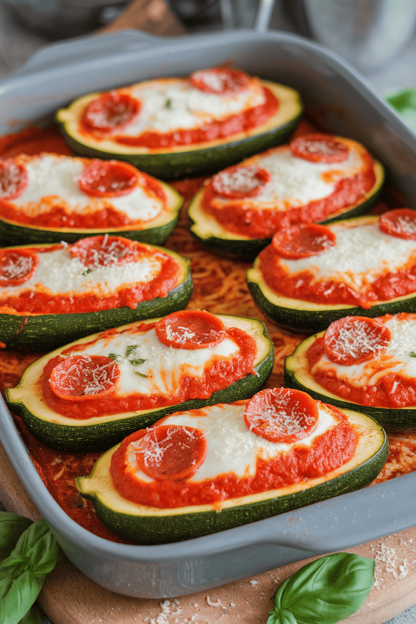Indoor baking dish containing halved zucchinis filled with marinara, mini pepperoni, and melted mozzarella, cheese bubbling. No text or logos.