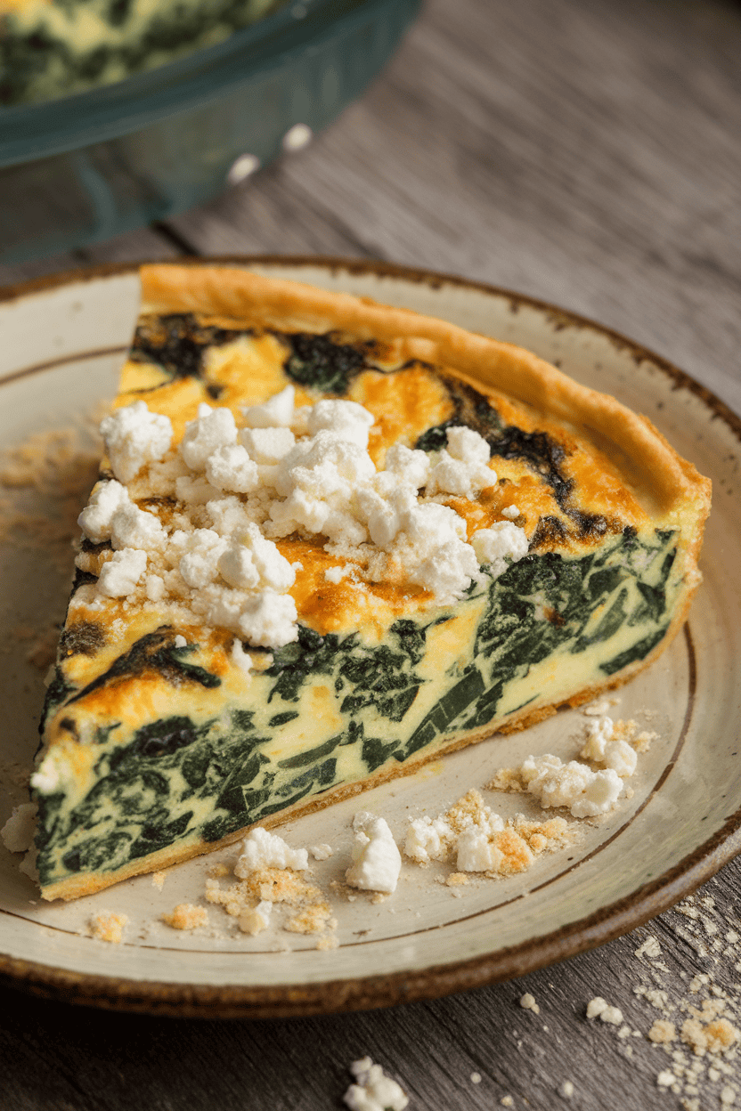 Indoor photo of a sliced wedge of spinach-feta frittata on a rustic plate, crumbs of cheese visible, no text or logos.
