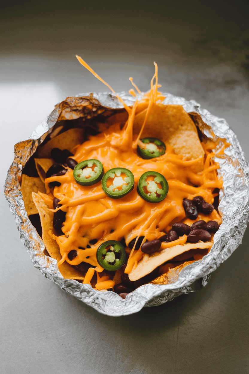 An indoor countertop showing an open foil packet brimming with tortilla chips, melted cheddar, black beans, and jalapeño slices, cheese strands stretching invitingly. No text or logos visible.