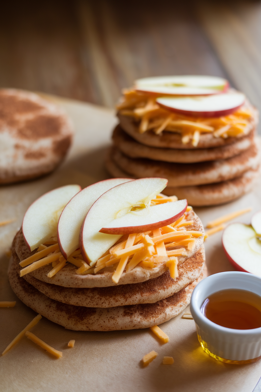 Softly lit indoor shot of cinnamon pita rounds, thin apple slices, shredded sharp cheddar, and a drizzle cup of honey—no text or logos.
