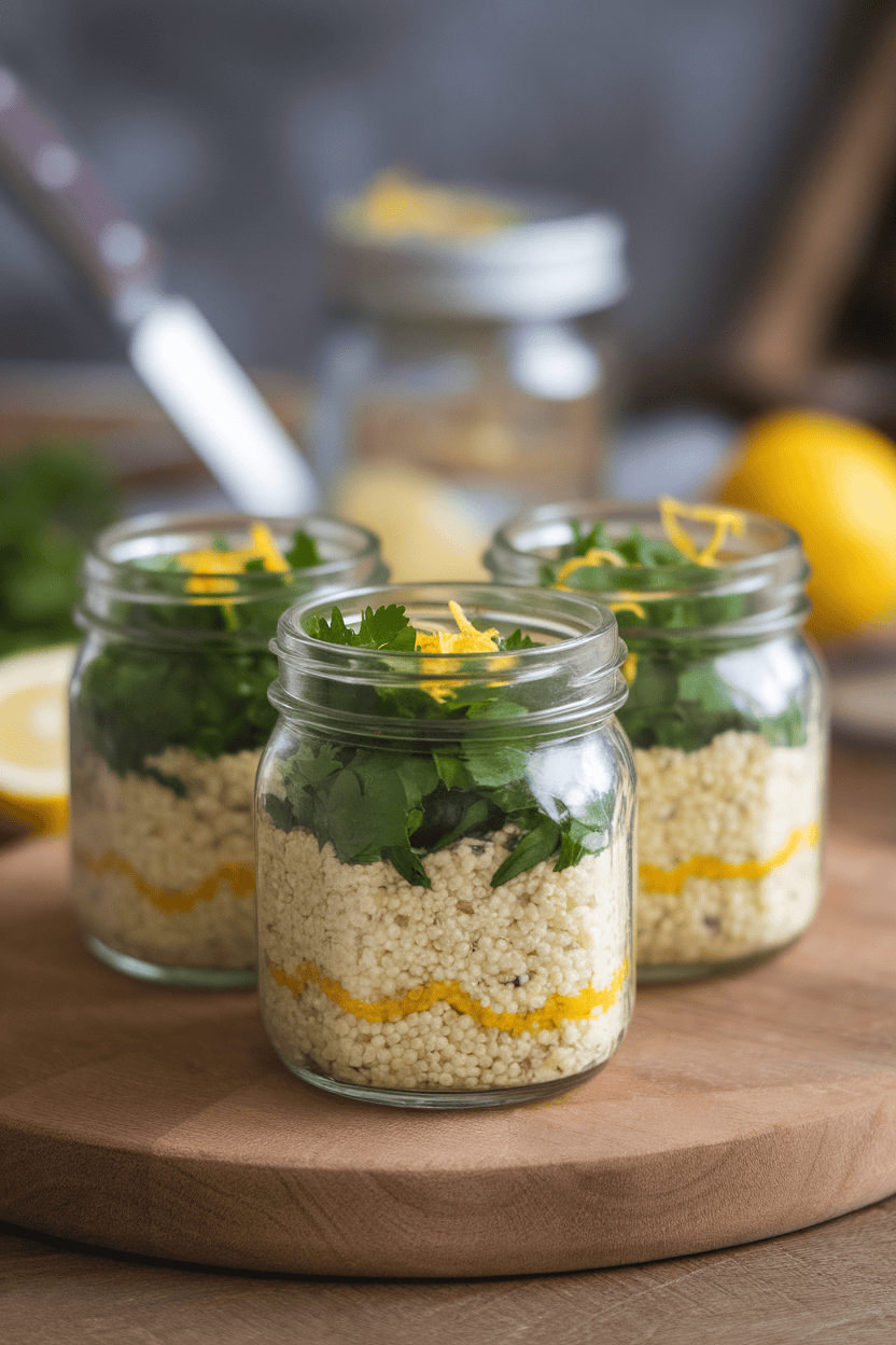 Indoor photo of small mason jars layered with fluffy couscous, chopped parsley, and lemon zest. No text or logos.