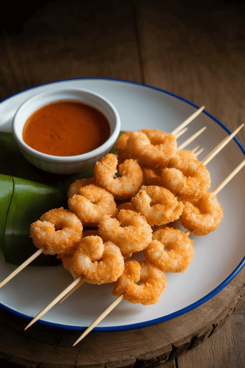 Indoor photo of bamboo skewers threaded with golden, breaded coconut shrimp, arranged on a white platter with a small bowl of sweet chili dip. Soft spotlighting, no text or logos anywhere.