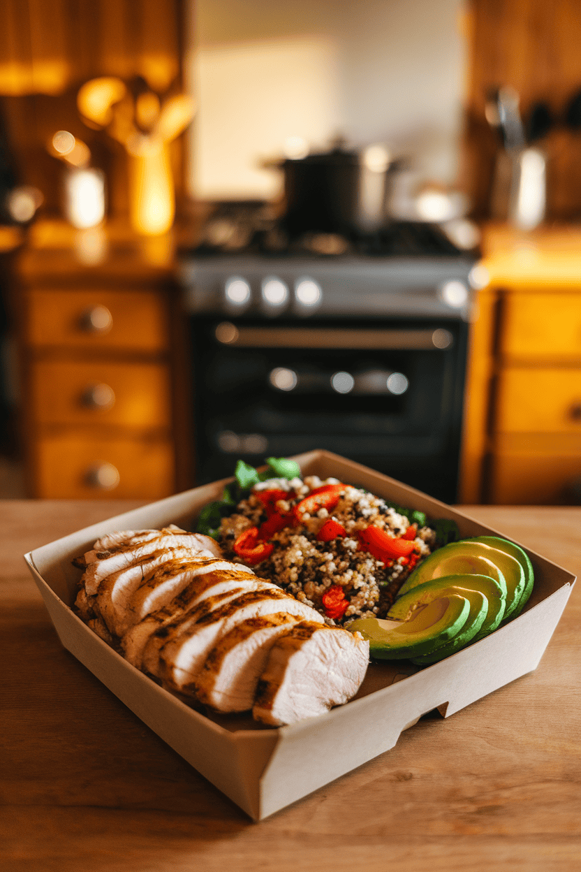 An indoor meal prep box with sliced grilled chicken breast, a colorful quinoa-pepper salad, and fanned avocado slices; warm kitchen lighting; no text or logos; photo only.