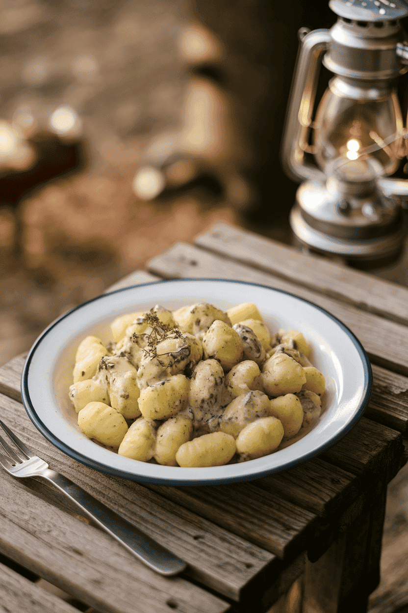 Photo of potato gnocchi coated in a buttery Parmesan herb sauce on an enamel camping plate indoors. Warm lighting; no logos or text.