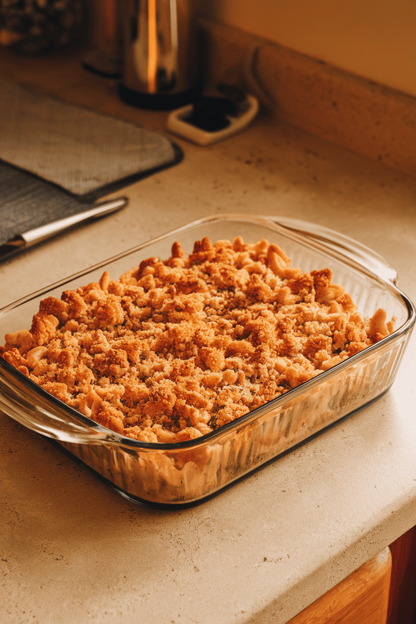 A retro glass baking dish of tuna noodle casserole on an indoor countertop, crispy breadcrumb topping golden brown. No text or logos visible.
