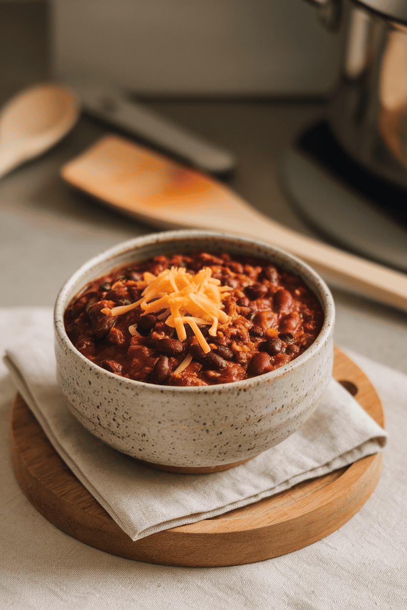 Indoor photo of a ceramic bowl full of thick black bean chili topped with a small mound of shredded cheese. No logos on bowls or background.