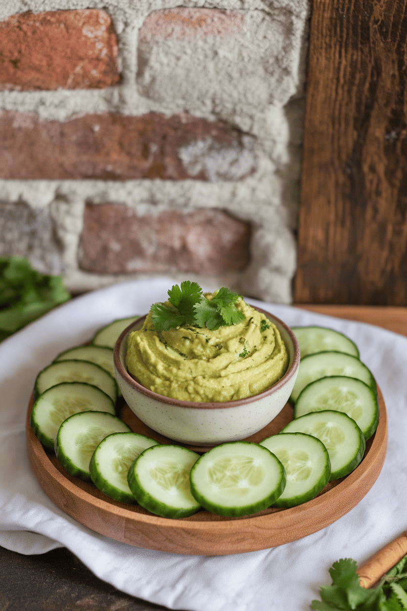 An indoor dining table showing a small bowl of creamy mashed avocado seasoned with lime and cilantro, surrounded by thin cucumber rounds for dipping. No text or logos. Photo only.
