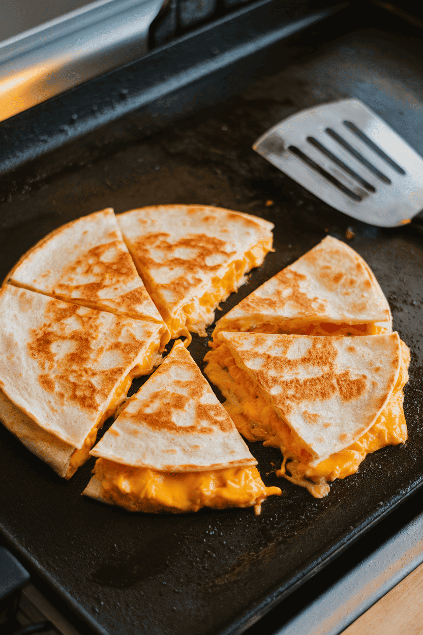 An indoor griddle with a golden-brown quesadilla cut into wedges, scrambled eggs and melted cheese visible at the edges; no text or logos, even overhead light. Photo, not illustration.