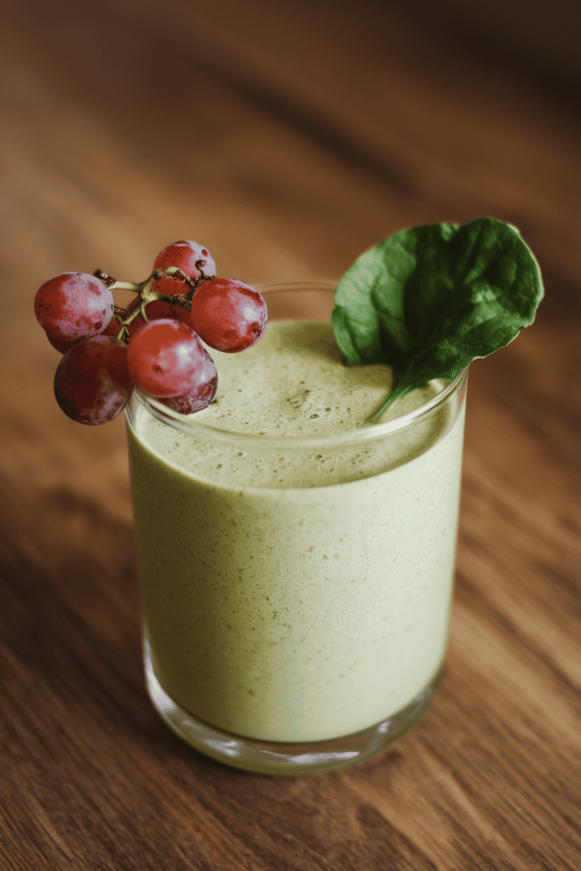 Indoor kitchen scene showing a light green smoothie in a clear glass, a small cluster of grapes and a spinach leaf for garnish. Photo, no text or logos.