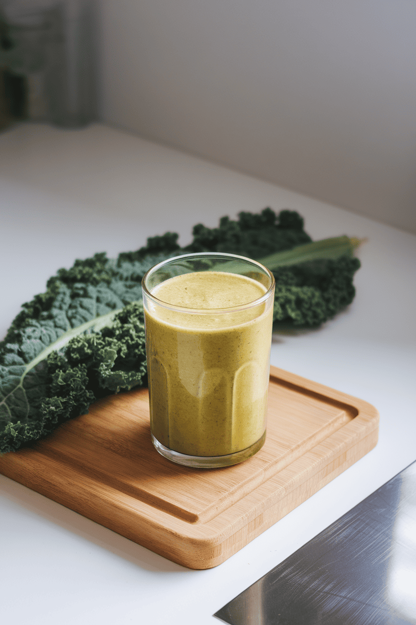 Indoor health-food prep station with a sunny yellow-green smoothie in a clear glass, kale leaf beside it; bright overhead light; photograph, not illustration; no text or logos.