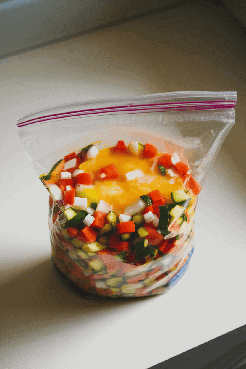 A bright indoor countertop displaying a clear, zipper-top freezer bag filled with colorful diced vegetables and beaten eggs, sous-vide style; no text or logos, gentle overhead lighting. Photo, not illustration.