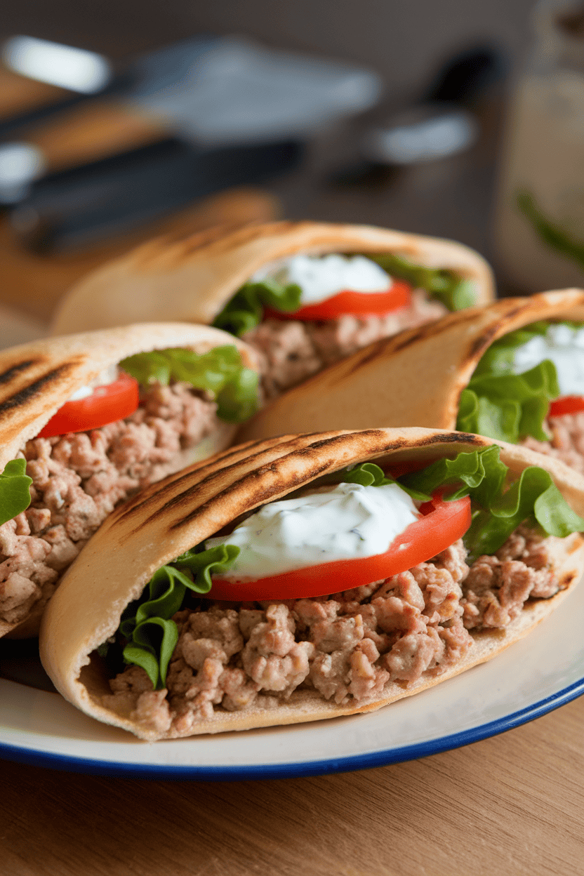 Warm indoor lighting over a plate of pita pockets stuffed with herbed ground turkey, lettuce, tomato, and a dollop of yogurt sauce, no logos or text visible.