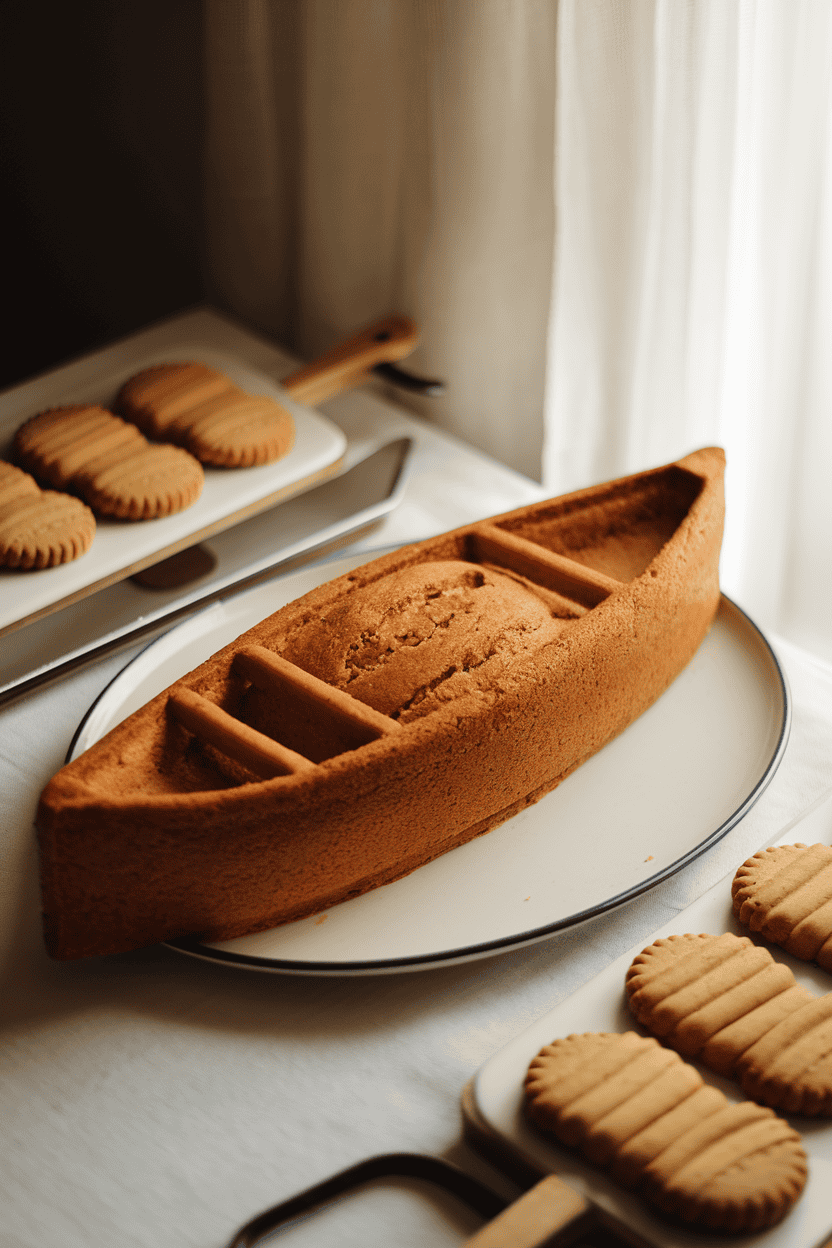 An indoor table featuring a loaf-style pound cake carved into a canoe shape, with cookie paddles resting alongside, softly lit from the side. No brand names or text in shot; photograph.